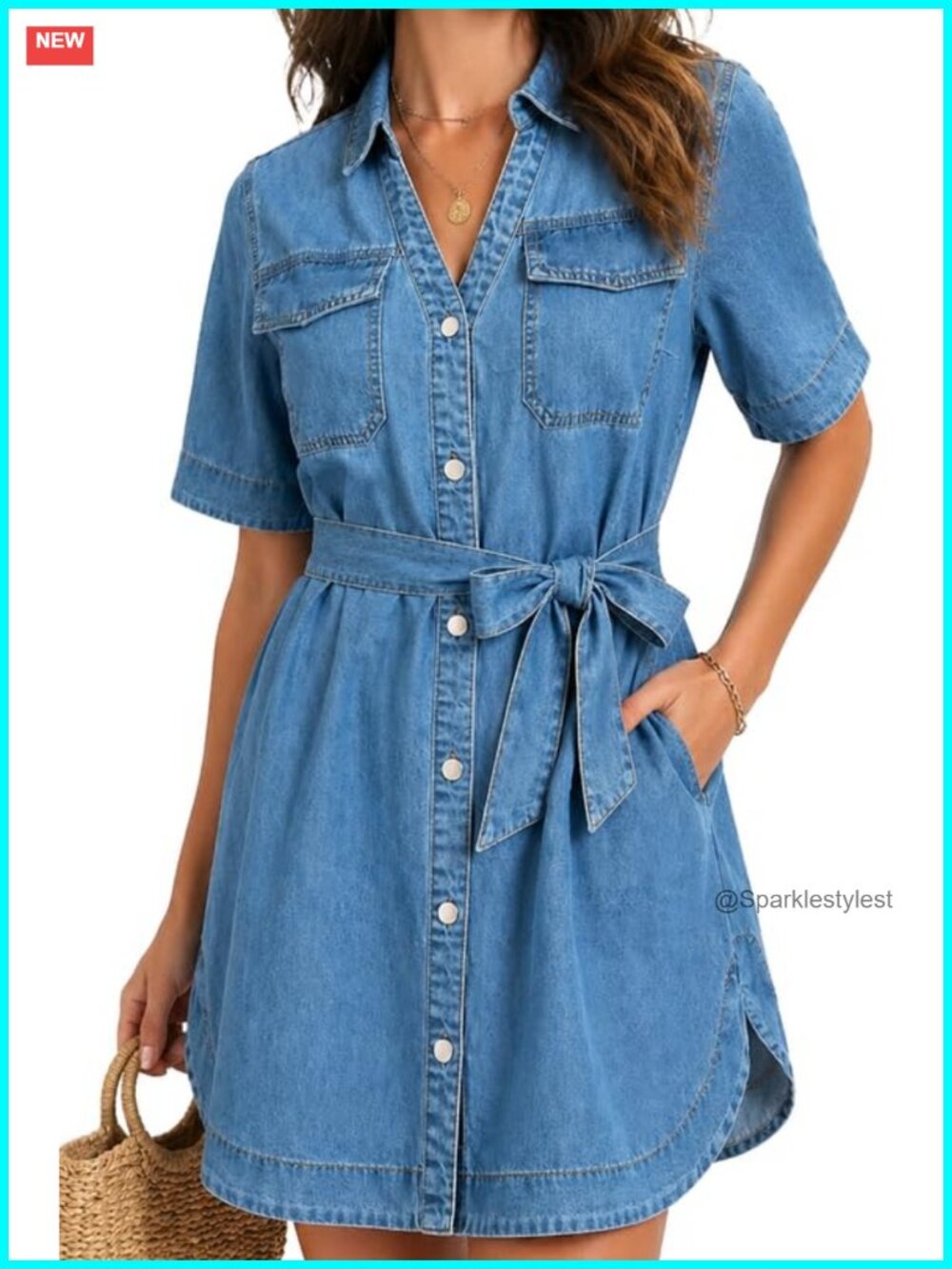 Button Down Denim Mini Shirt Dress Removable Waist Tie Casual